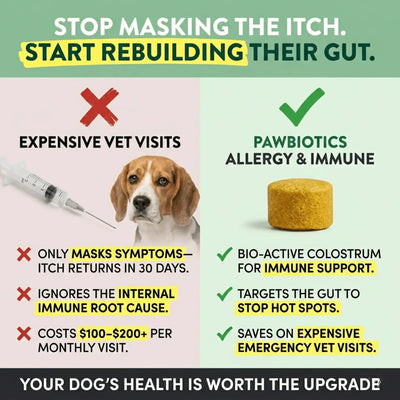 Comparison of vet visit with syringe and dog versus Pawbiotics Allergy & Immune chew for dogs, with highlighted benefits.