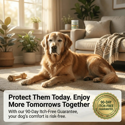 Golden retriever lying indoors near allergy and immune chew supplement for dogs.