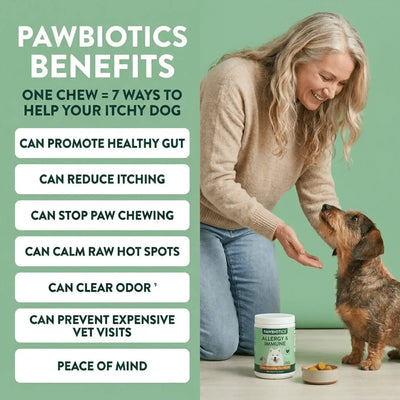 Woman petting dog beside Pawbiotics Allergy & Immune chews container and benefit list.