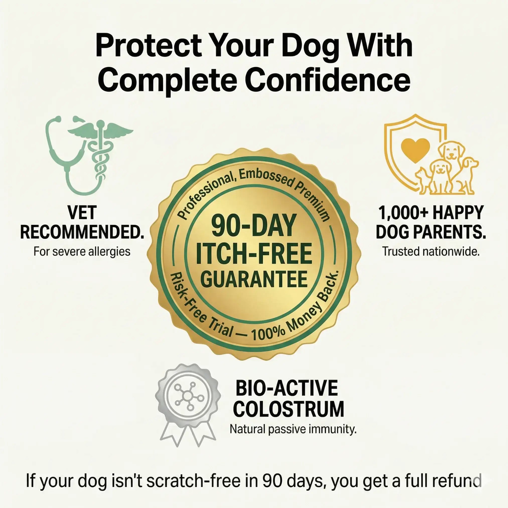 Dog allergy supplement guarantee and benefits, vet recommended, bio-active colostrum, 90-day itch-free refund