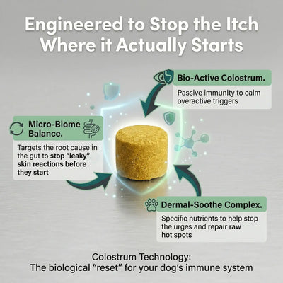 Dog allergy and immune chew with infographic highlighting bio-active colostrum, micro-biome balance, and dermal-soothe complex benefits.